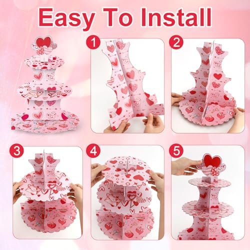 Valentine's Day Cupcake Stand Decoration, 3 Tier Hearts Candy Cupcake Stand DIY Cake Stand Holder Tower Cardboard Dessert Serving Cookie Tray Holder for Valentine Wedding Anniversary Party Supplies