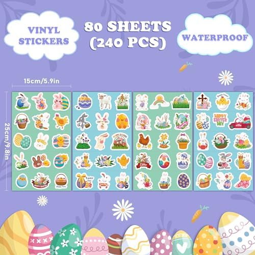 OHOME Easter Stickers for Kids - 240 PCS Easter Basket Stuffers for Boys Girls Teens Adults | Vinyl Egg Bunny Gifts Decorations Toys - Kids Easter Games Crafts Activities Party Favors