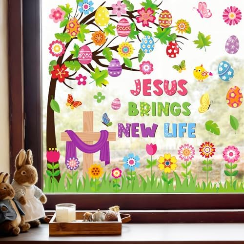 Whaline 6 Sheets Christian Easter Window Clings Window Decal Jesus Cross Floral Egg Tree Reusable Anti-Collision Windows Decor for Holiday Spring Party Supplies