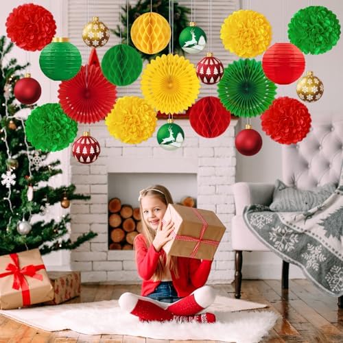 22pcs Christmas Party Decorations Indoor – Red Green Gold Paper Fans, Hanging Lanterns, Honeycombs, Pom Poms, Xmas Ball-Shaped Cards for Holiday, Office Decor