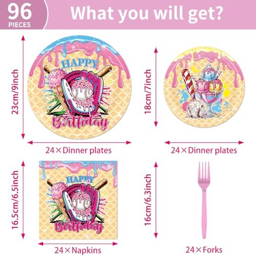 EUOYUFO 96Pcs Ice Cream Party Decorations Tableware Set Ice Cream Baseball Drip Happy Birthday Paper Plates Napkins Forks Baseball Sport Team Theme Bday Party Supplies Serve 24 Guests