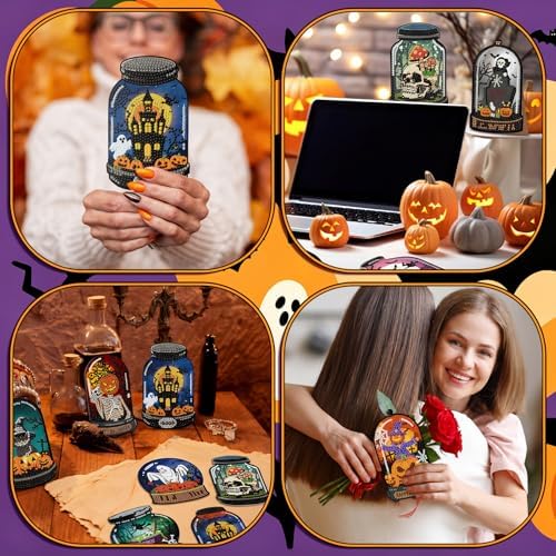 Saillong 12 Pack Halloween Diamond Painting Greeting Card Kits DIY Halloween Diamond Art Cards with Envelopes Bat Black Cat Pumpkin 5D Rhinestones Painting Kit for Adults DIY Craft Family Friend Gifts
