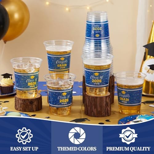 Bokon 100 Pcs 2026 Blue Graduation Plastic Cups Bulk with Strawless Sip Lids 12oz Disposable Congrats Grad Cup Drinkware Class of 2026 Celebration for College Tableware Party Supplies Decorations