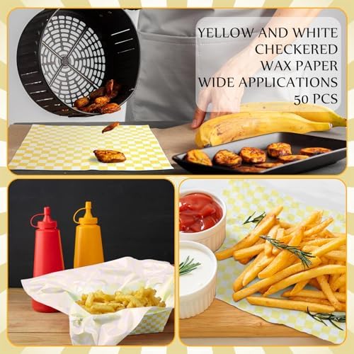 Geosar 100 Pcs Gingham Paper Food Tray with Wax Paper,Yellow White