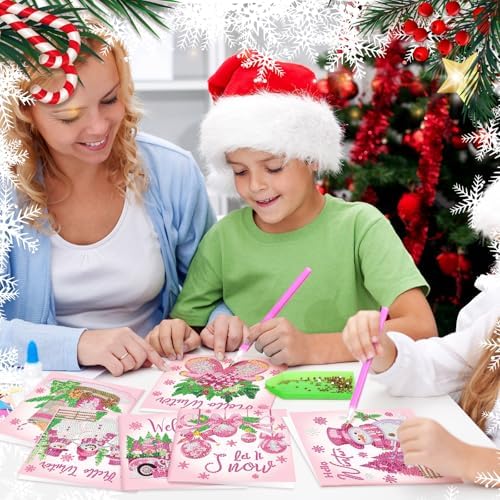 Saillong 12 Pack Pink Winter Diamond Painting Greeting Card Kits Winter Diamond Art Cards with Envelopes Snowman 5D Rhinestones Painting Making Kits for Adults DIY Craft Family Friend Holiday Gifts