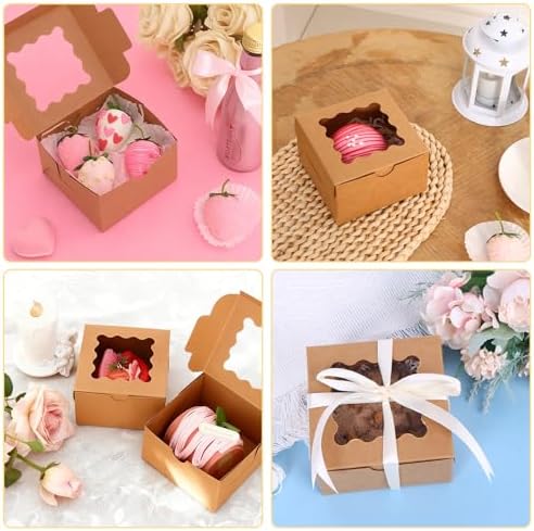 Moretoes 50pcs Small Cookie Boxes with Window, 4x4x2.5In Brown Bakery Boxes