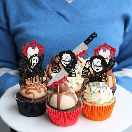 24 Pack Halloween Cupcake Toppers Glitter Scary Killer Cupcake Picks Knife Bloody Happy Halloween Theme Kids Birthday Cake Decorations Party Supplies