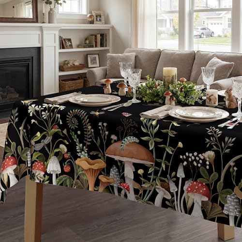 Mushroom Tablecloth 52x70 Inch Rectangle, Farmhouse Mushroom Forest Decorations for Home Table Cloth, Black Seasonal Decor Tablecloths Polyester for Picnic Party Dinner