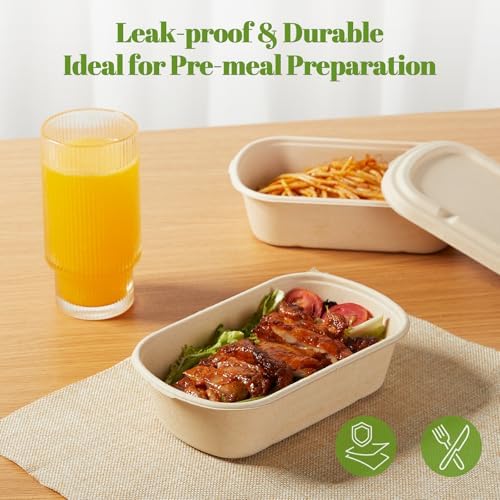 [100% Eco-Friendly] Disposable Food Containers with Lids – Sugarcane Pulp Take Out Boxes, Biodegradable, Compostable, Microwave Safe Lunch Containers – Pack of 50 (24 OZ)