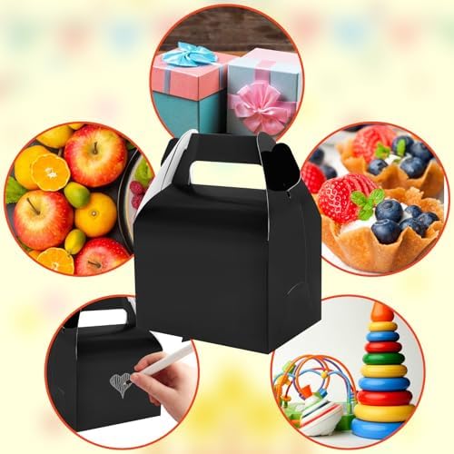 Hxezoc 24 Pieces Black Party Favor Boxes Gable Candy Treat Box Folding Paper Gift Box with Handles for Baby Showers Birthday Party Wedding Decoration Supplies