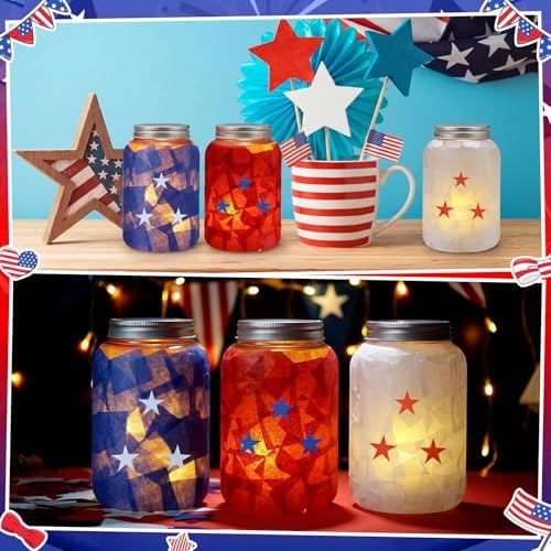 Qinyoung 12 Pcs Memorial Day Crafts Independence Day Mason Jars Craft with LED Candle Light DIY 250th Anniversary Patriotic 4th of July Decorations for Memorial Independence Projects Activity