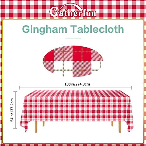 Gatherfun 3PCS Red White Gingham Rectangular Waterproof Tablecloth 54X108Inch Disposable Plastic Table Cover with Gold Stamping for Easter Picnic Barbecue Kitchen Holiday Birthday Party