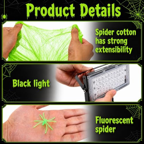 1100 Sqft Halloween Glow Green Stretch Cobwebs with Glow Spiders and Light