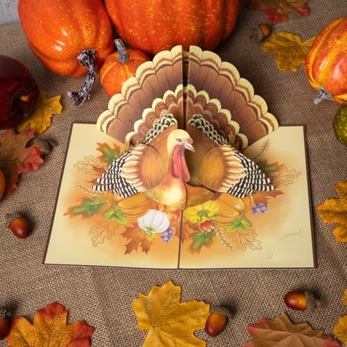 POPWOW Thanksgiving Turkey Pop Up Card, Pumpkin, Give Thanks, 3D Popup Greeting Cards, Gifts for Mom, Grandma, Girl, Women, Fall Table Decorations, 5x7 - Includes Envelope And Message Note