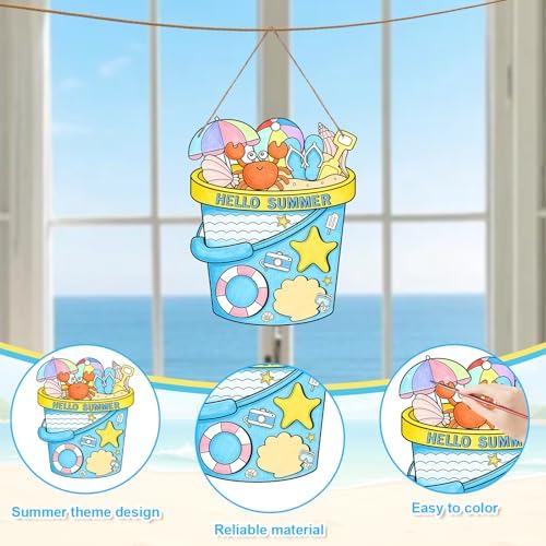 Sereliy 24 Pcs Summer Coloring Wreath Crafts, Color Your Own Bucket Crafts, DIY Paper Wreath for Summer Home Activities Games. (Bucket)