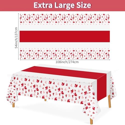Hxezoc 3 Pack Valentines Day Tablecloths, 54 x 108 Inch Disposable Heart Plastic Table Cover for Girls Kids Valentines Birthday Baby Shower Party Decorations Outdoor Indoor Party Supplies