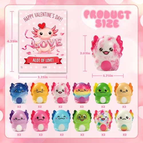 24 PCS Valentines Day Gift Cards with Axolotl Squishy Toys,Valentine's Axolotl Slow Rising Stress Relief Squishies Fidget Toys Bulk for Adults,Valentine's Party Favor