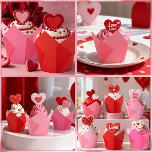 Whaline 200Pcs Valentine's Day Tulip Cupcake Liners Muffin Baking Cups Gradient Red Pink Cupcake Wrappers for Wedding Anniversary Party Supplies Table Decor