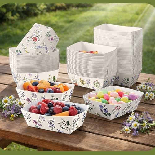 Funnymoom 100 Pcs Wildflower Paper Food Trays Floral Food Serving Trays 4.13 x 2.2 Inches Disposable Vintage Nacho Boat for Spring Birthday Flower Baby Shower Bridal Wedding Tea Party Supplies