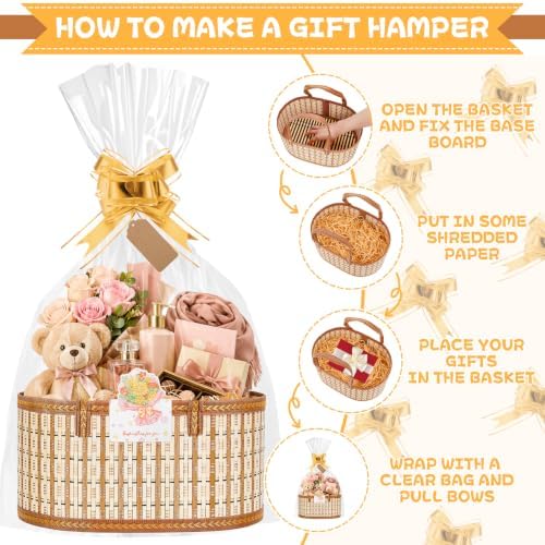 SelfTek 3 Pack Baskets for Gifts Empty, Woven Bamboo Gifts Basket Kit with Wrap Bags, Gift Card, Raffia and Pull Bows, Gifts Baskets for Birthday, Wedding, 35 x 20 x 15 cm - Gold