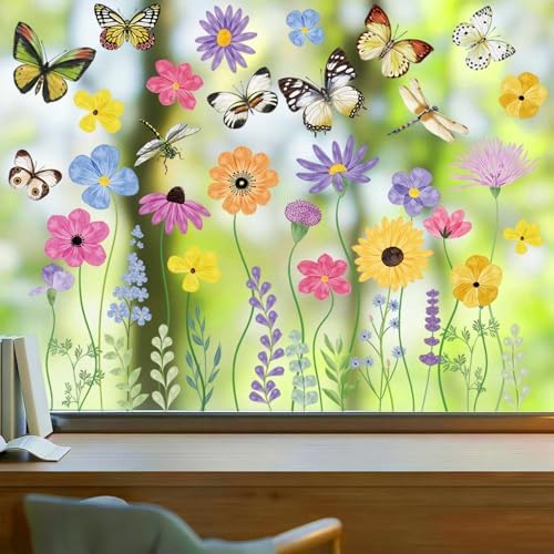 6 Sheets 67Pcs Summer Flower Butterfly Static Window Clings Reusable Double Sided Floral Window Decals for Glass Windows Doors Spring Home Decor for Kids Room Living Room Kitchen