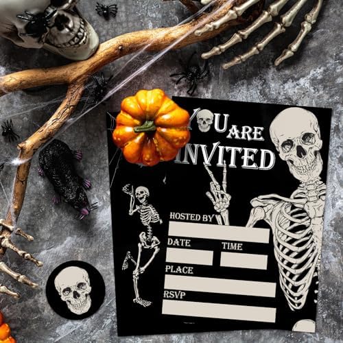 Whaline 25 Sets Halloween Invitations with Envelopes Stickers Black Dancing Skeleton Invitation Cards Blank Invites for Birthday Party Supplies, 5 x 7 Inch