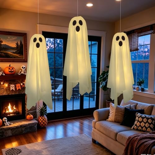 DAZONGE Halloween Decor, 3 Pack Light Up Halloween Hanging Ghosts Decor