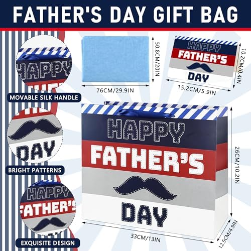 Xustanina 13" Large Fathers Day Gift Bag Blue & Red Handheld Gift Bag with Greeting Card Tissue Paper and Stickers Best Dad Birthday Party Supplies