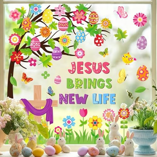 Whaline 6 Sheets Christian Easter Window Clings Window Decal Jesus Cross Floral Egg Tree Reusable Anti-Collision Windows Decor for Holiday Spring Party Supplies