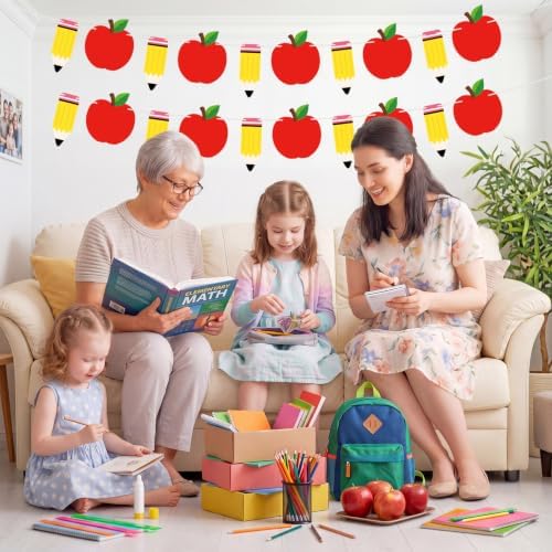 Back to School Decorations Banner - DIY Paper Pencil and Apples Banners, Red Yellow Welcome to School Sign Garland for First Day of Schools Classroom Themed Party Decor Supplies Favors Props