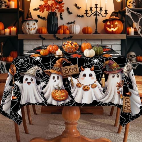 Halloween Tablecloth Rectangle 60 x 84 Inch, Washable Fabric Spiderweb Black Halloween Tablecloth Rectangular Spider Web Ghost Table Cloth Rectangle Table Cover for Kitchen Dining Party