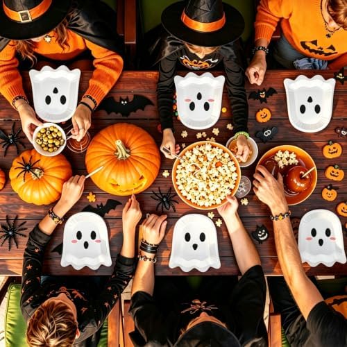 FOIMAS 50 Pcs Halloween Paper Plates, 9.84 Inch Cute Ghost Disposable Plates Spooky Boo Dessert Dinner Plate Tableware for Baby Shower Halloween Party Supplies Birthday Table Decor,White