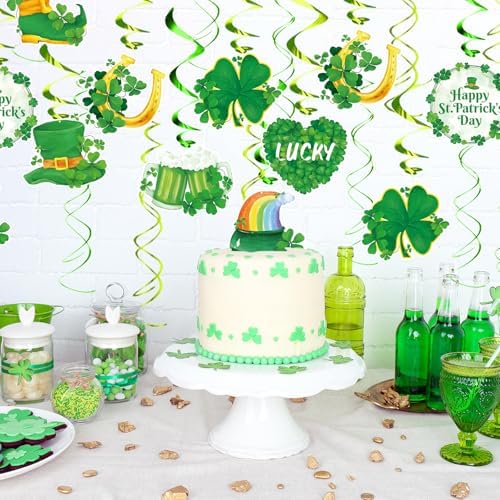 FRIDAY NIGHT 30Pcs St. Patrick's Day Hanging Decorations Irish Shamrock Foil Swirls Green Lucky Paper Cutouts Saint Patricks Day Party Decor for Ceiling Wall Irish Holiday Party Supplies