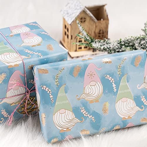 WRAPAHOLIC Reversible Christmas Wrapping Paper - Mini Roll - 17 Inch x 33 Feet - Blue Purple Gnome and Plaid Design with Metallic Foil Shine for Holiday, Party, Celebration
