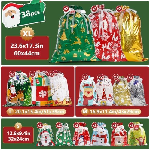 Habaylin 38PCS Christmas Drawstring Gift Bags, Xmas Gift Bags for Presents