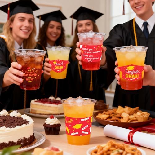 GuassLee Red Gold Graduation Decorations 2026 Party Cups - 100pcs 12 Oz Red and Gold Disposable Graduation Plastic Clear Cups for Drinks Class of 2026 Grad Party Supplies