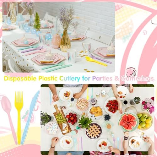 Kochorie 90 Pieces Pastel Plastic Cutlery Set, Macaron Colors