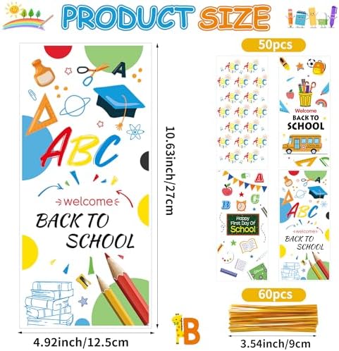 ZYLOP 50 Pcs Back to School Cellophane Treat Bags - 5x11 Inch Clear Cellophane Goodie Bags with 60 Gold Ties for Cookies, Candies, Classroom Gifts, Teachers' Rewards & School Reopening Party Favors