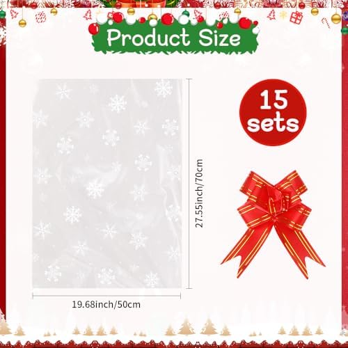 15 Sets Large Christmas Cellophane Bags(20x28 Inch) with Pull Bows Clear Snowflake Xmas Gift Goodie Basket Stocking Stuffers Wrap Holiday Christmas Birthday Party Decorations Favors Supplies Baggies
