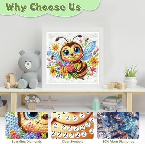 Bee Diamond Art Painting Kits for Kids with Frame, Animal Diamond Painting Kits for Kids Ages 4-8-12, Easy Gem Arts and Crafts Gift for Girls Boys Adult Beginners Home Wall Decor(7x7inch)