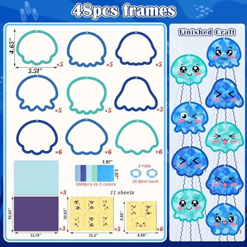 48PCS Summer Crafts: Paper Jellyfish Suncatchers DIY Kits, Window Stained Glass Effect Art Supplies