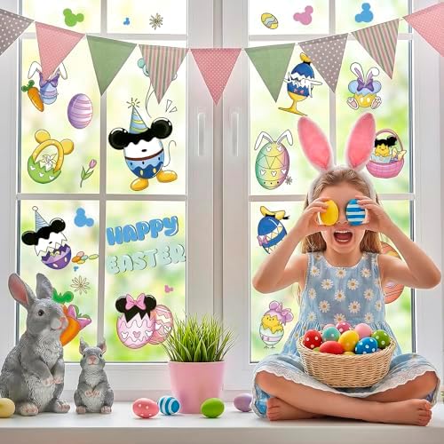 Easter Window Clings for Glass Decorations - 60 Pcs Double-Sided Happy Easter Sticker Cute Bunny Egg Rabbit Gel Window Clings Spring Window Decals Film Duck Mouse Decor for Office Classroom Home Wall