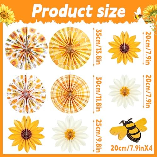 SUNBEAUTY Sunflower Party Decorations Sunflower Birthday Paper Fan Decorations with Bees Yellow White Sun Flower Wall Hanging for Baby Shower Summer Garden Party Classroom Bulletin Board Decoration