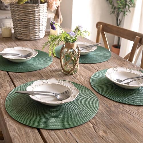 FunWheat Round Braided Placemats Set of 4 Table Mats for Dining Tables Woven Washable Non-Slip Place mats 15inch (Green, 4pcs)