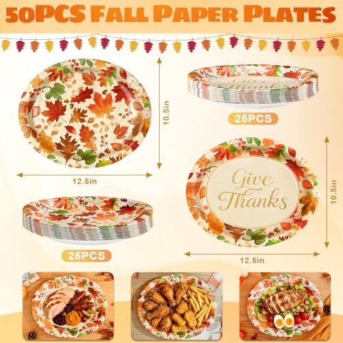 Homlouue 50 PCS Thanksgiving Oval Paper Plates Disposable, Fall Paper Plates, Large 12.5" x 10.5" Maple Leaf Autumn Dinner Plate, Disposable Fall Party Supplies Thanksgiving Autumn Harvest Table Decor