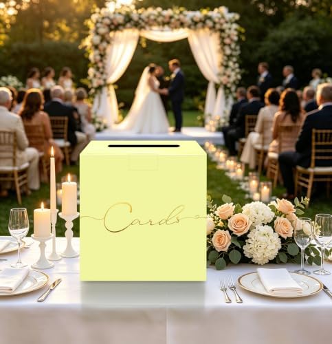 HEIPINIUYE Yellow Wedding Card Box with Gold Foil 9.8" x 9.8" Yellow Large Gift Card Box for Party Wedding Reception Graduation Birthday Baby Shower Cardboard Raffle Envelope Box with Slot