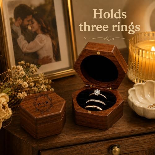 Personalized Wedding Ring Box, Custom Name and Date, Hexagon 3-Slot Design