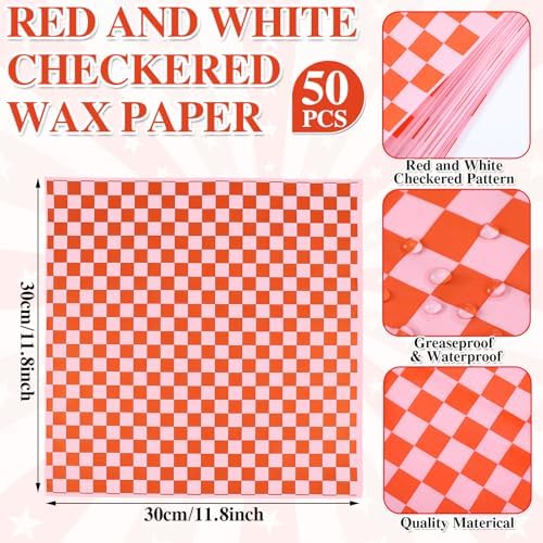 Geosar 100 Pcs Gingham Paper Food Tray with Wax Paper,Orange Pink