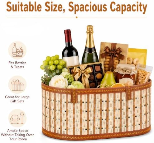 SelfTek 3 Pack Baskets for Gifts Empty, Woven Bamboo Gifts Basket Kit with Wrap Bags, Gift Card, Raffia and Pull Bows, Gifts Baskets for Birthday, Wedding, 35 x 20 x 15 cm - Gold