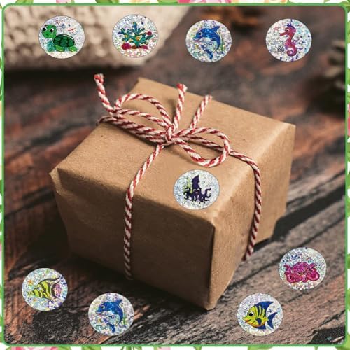 500Pcs Round Sea Animals Stickers 1in Glitter Self-Adhesive Decorative Ocean Life Label Stickers Roll for Birthday Party Favors Teacher Reward Encouragement Envelopes Supplies
